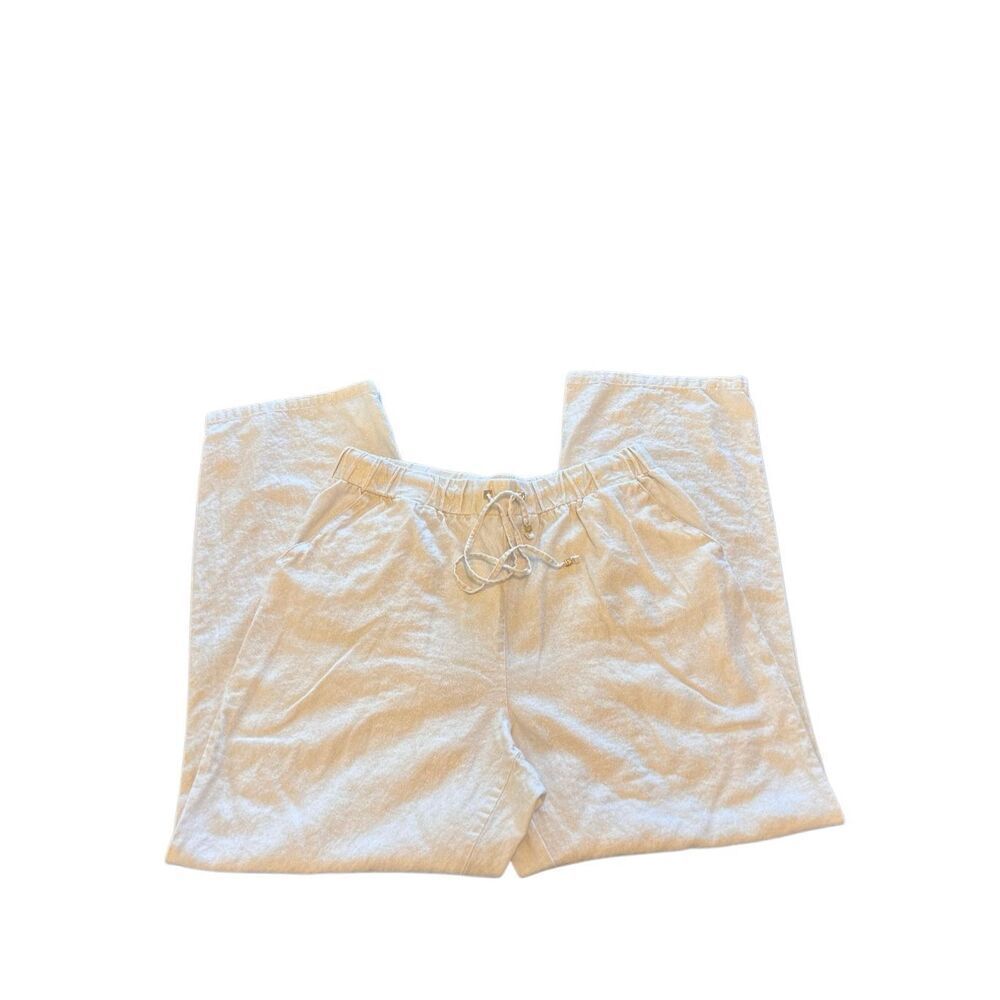 Ellen Tracy Womens Linen Blend Drawstring Straight Leg Trouser Pants Cream Large